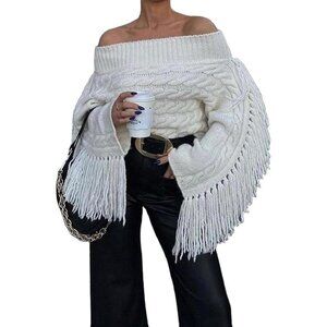 Women’s White Unybwonn Off Shoulder Tassel Knit Cropped Y2K Sweater